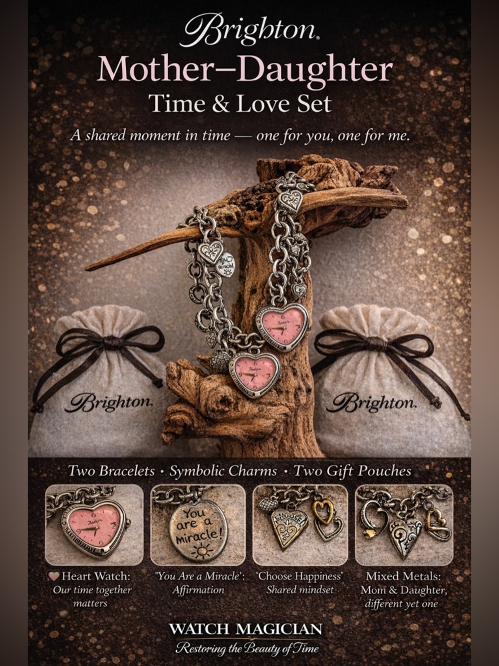 Brighton Mother Daughter Charm Watch Bracelet Set Pink Heart Matching Gift Set 2